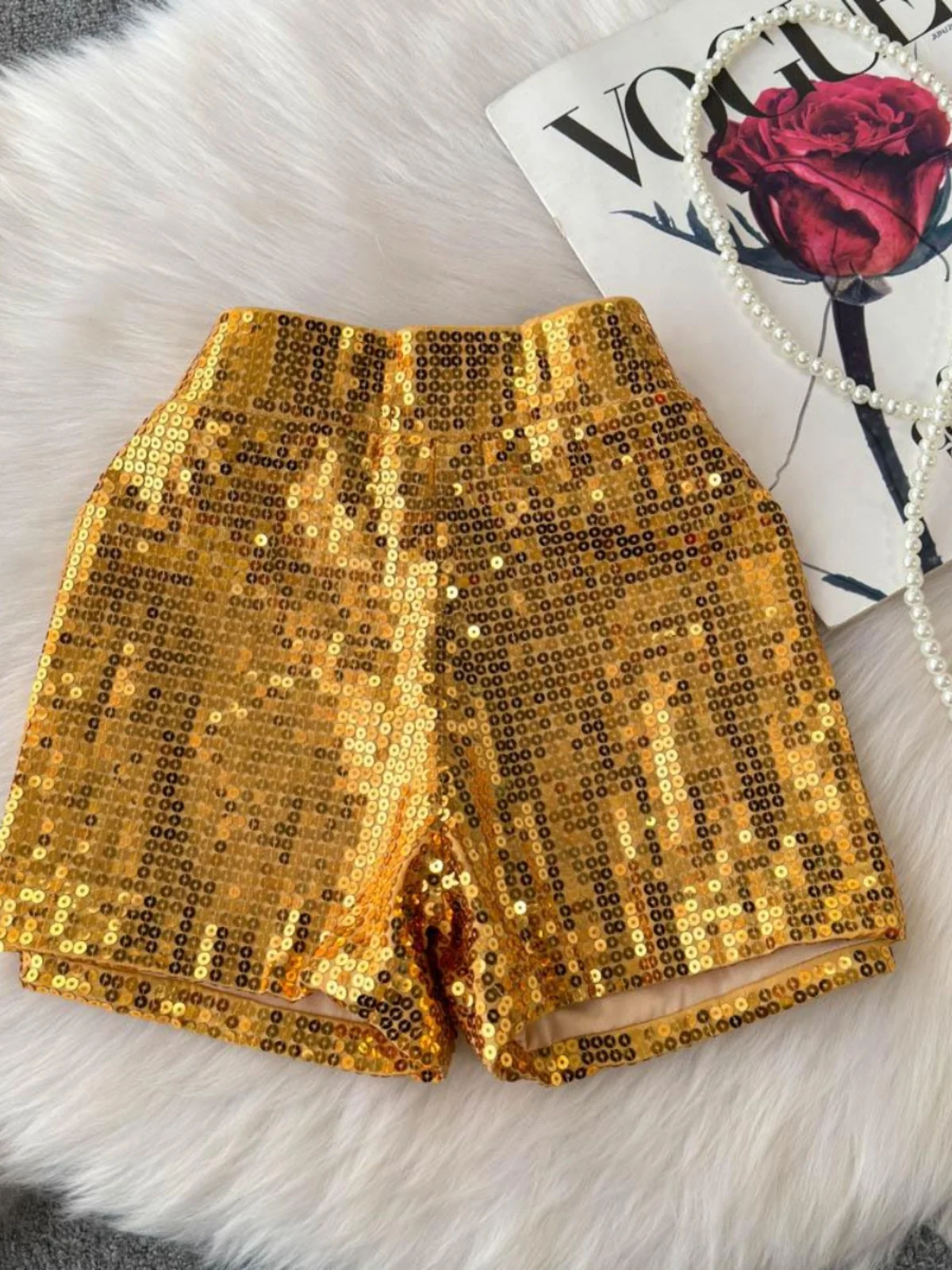 Women's Summer High Street Slim Sequined Shorts Lady Solid Color Elastic Waist Glossy Stage Costume Short Pants
