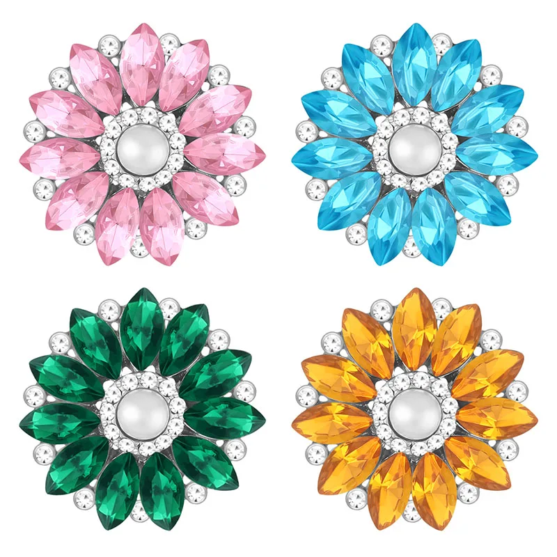 New Beauty Colorful Rhinestone Round rotated style Flower Daisy Sunflower 18MM snap buttons fit DIY snap bracelet jewelry