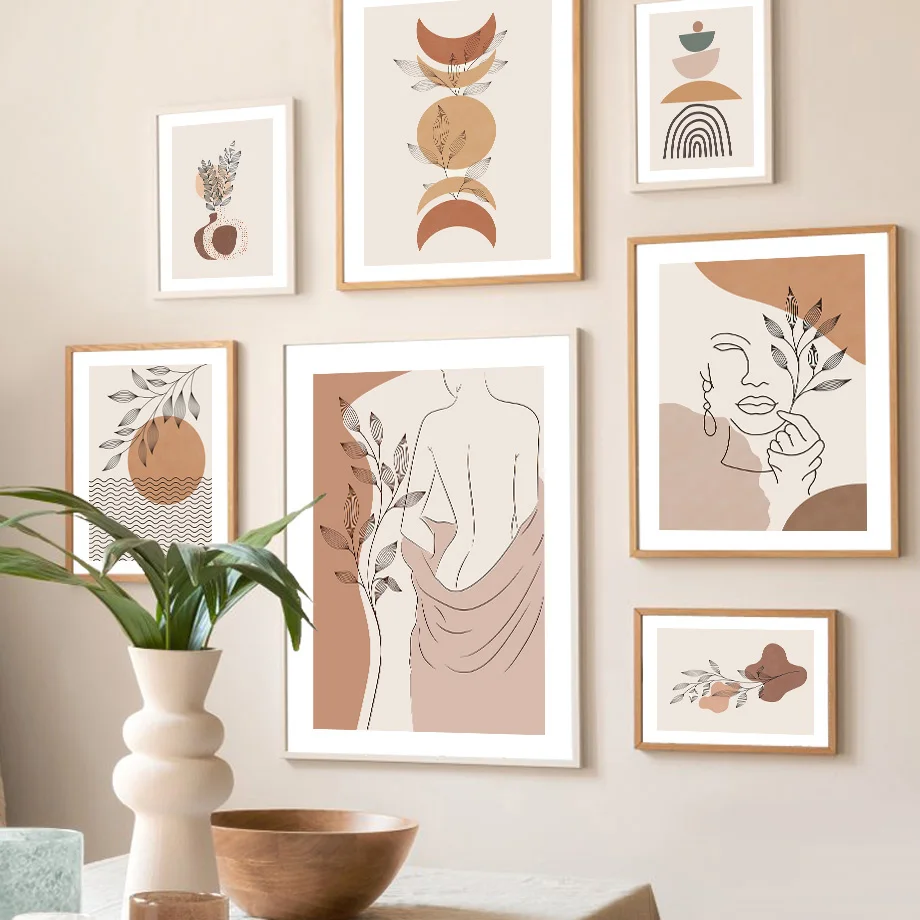 Boho Abstract Lines Girl Leaf Geometry Wall Art Canvas Painting Nordic Minimalist Posters Prints Pictures For Living Room Decor