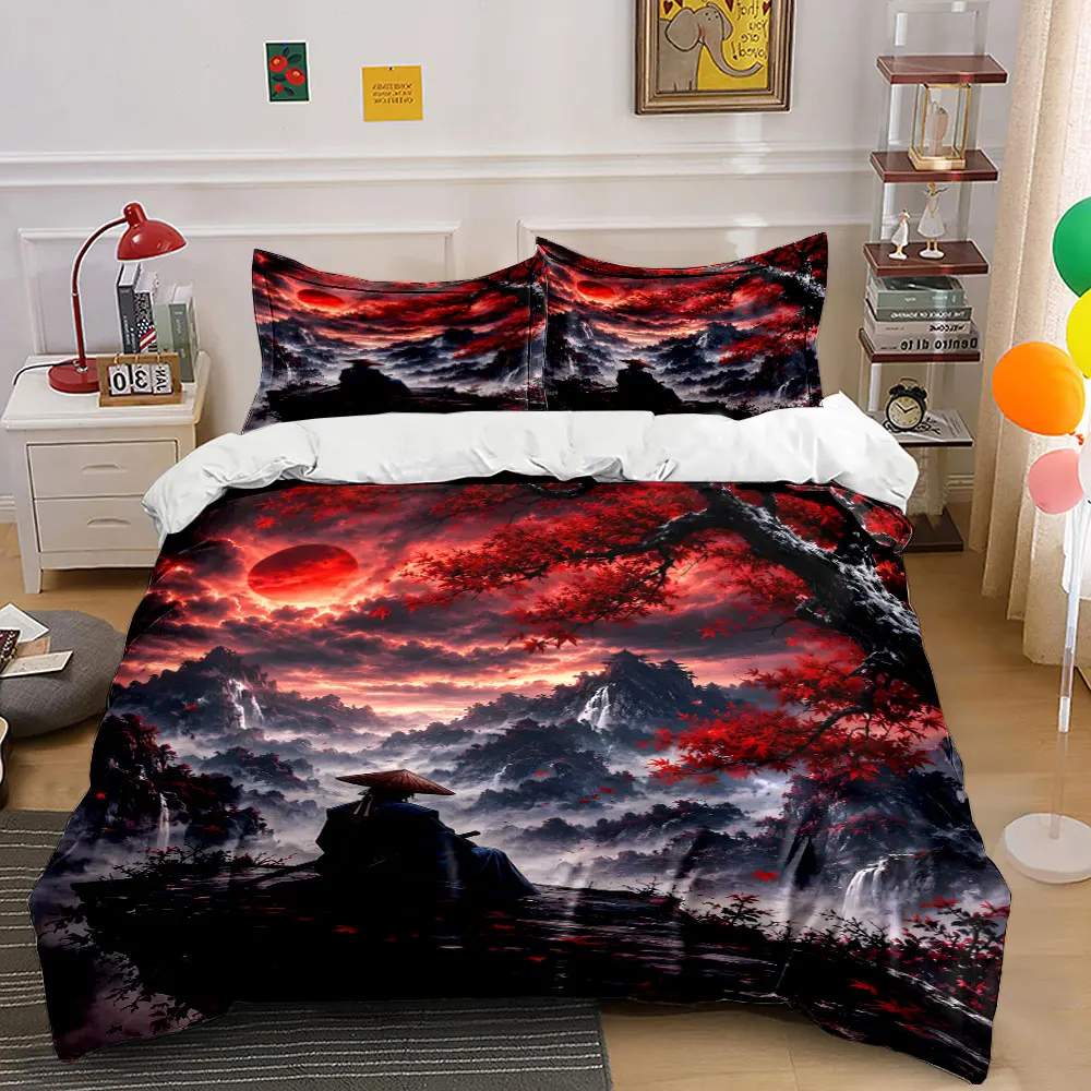 Samurai red maple mountain landscape illustration Bedding Set 1 Duvet Cover 2 Pillowcases for Adult and Children Luxury Gift