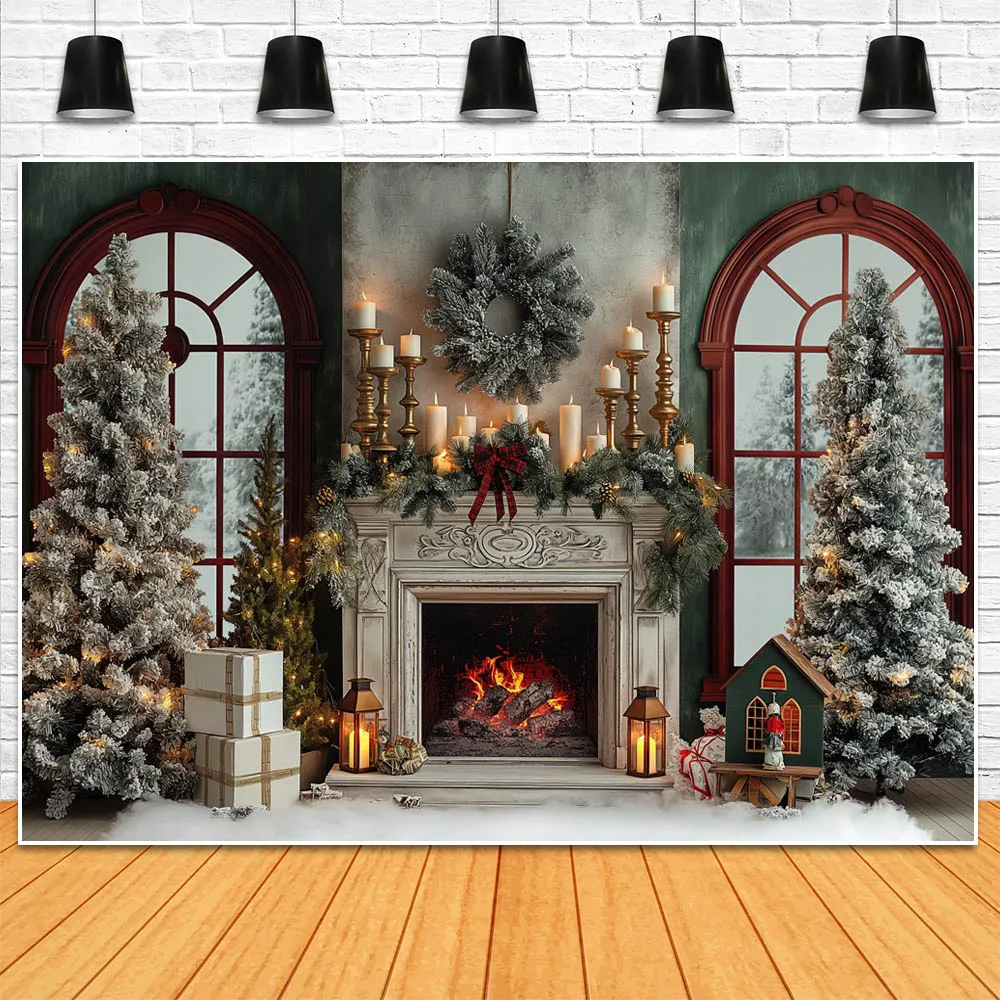 Mocsicka Christmas Fireplace Backdrop for Photography Vintage Green Wall Window Snow Xmas Tree Family Portrait Background Props