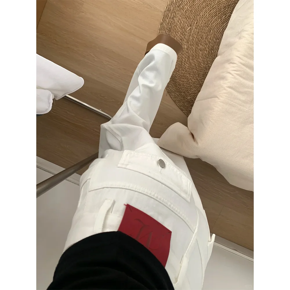 جينز أبيض واسع الساق للنساء عالي الخصر فضفاض مستقيم طويل السراويل الخريف جديد Sle التخسيس كسول Sle ثنى الطابق طول