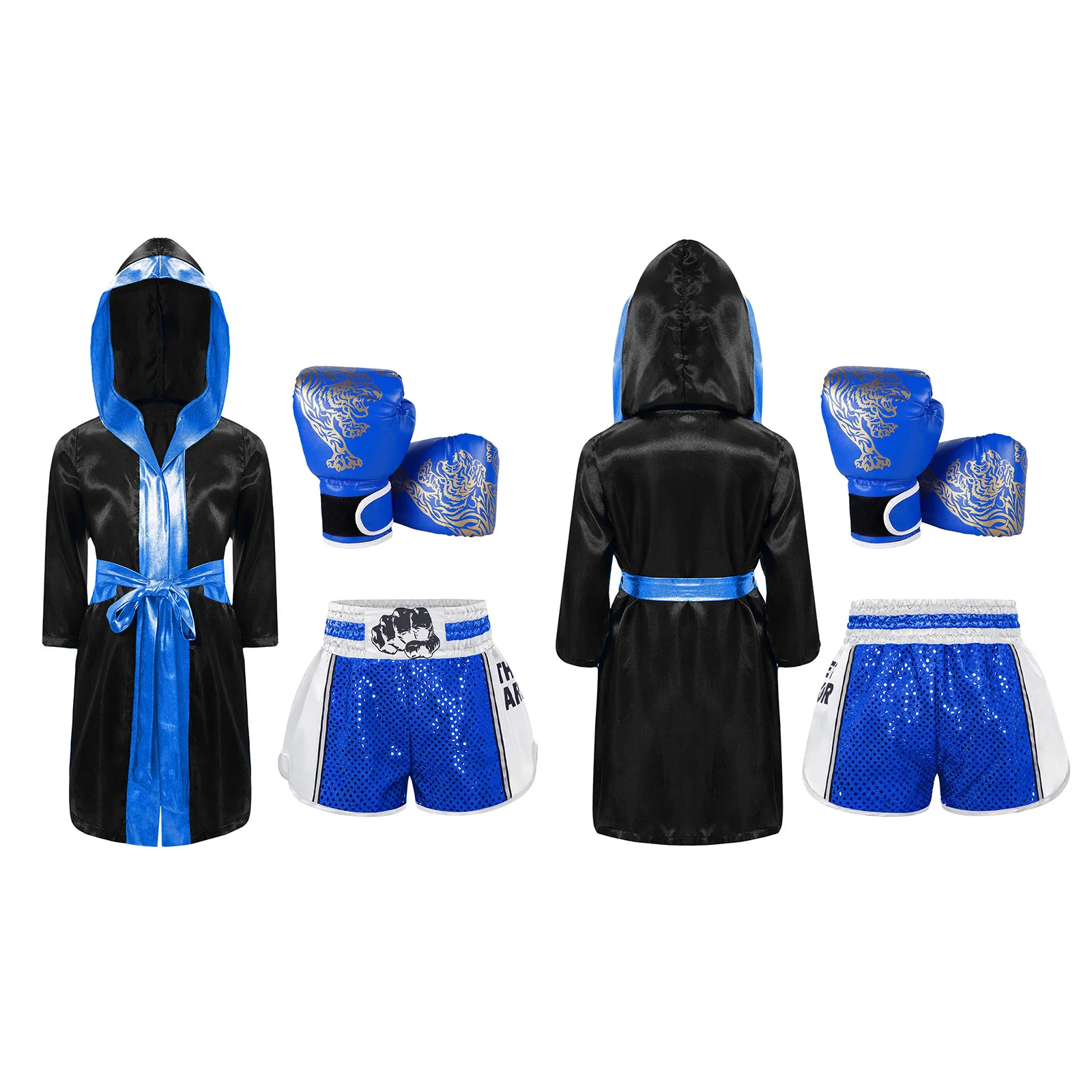 الملاكمة الزي زي الهالوين التأثيري كم طويل معدني تقليم الساتان مقنعين رداء مع حزام الترتر سراويل الملاكمة والقفازات #3