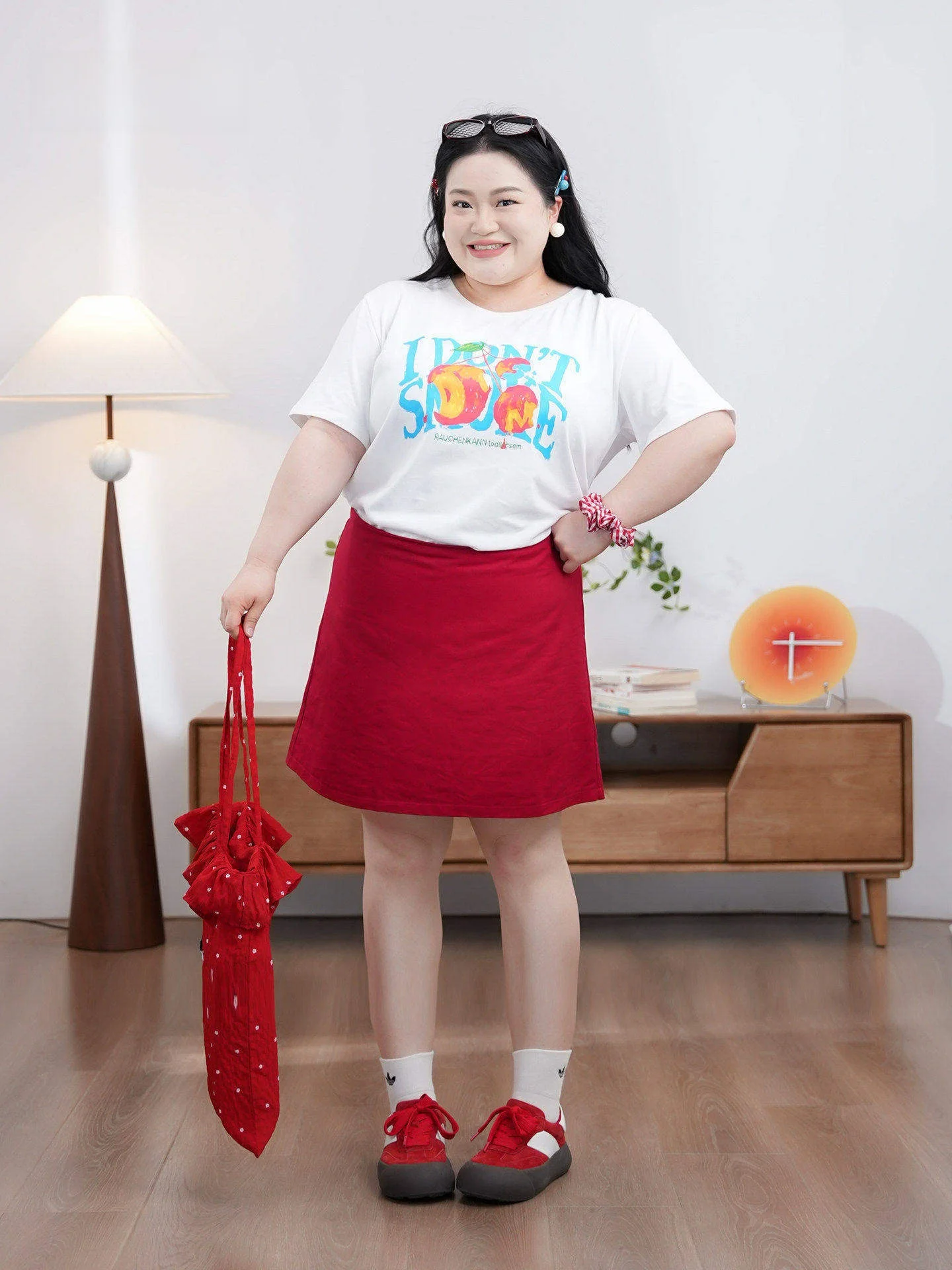 

Redberry Sweet Summer plus Size MM Red Short Skirt Letter Print Top Set Large Cotton Polyester Blend Summer Outfit for Women