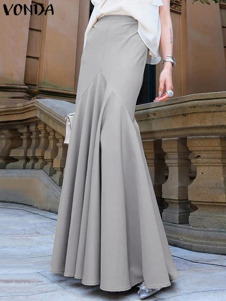 

VONDA Elegant Office Lady Fishtail Skirt Women Summer High Waist Maxi Skirts 2025 Fashion Pleated Solid Color Long Skirt Street