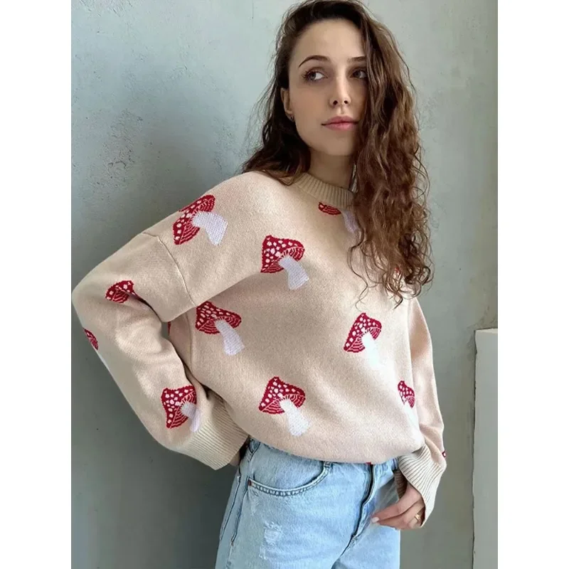 Women Mushroom Printed Knitting Sweaters 2023 Autumn Winter Casual Long Sleeved Pullovers Female Y2k Loose O-neck Tops Knitwear