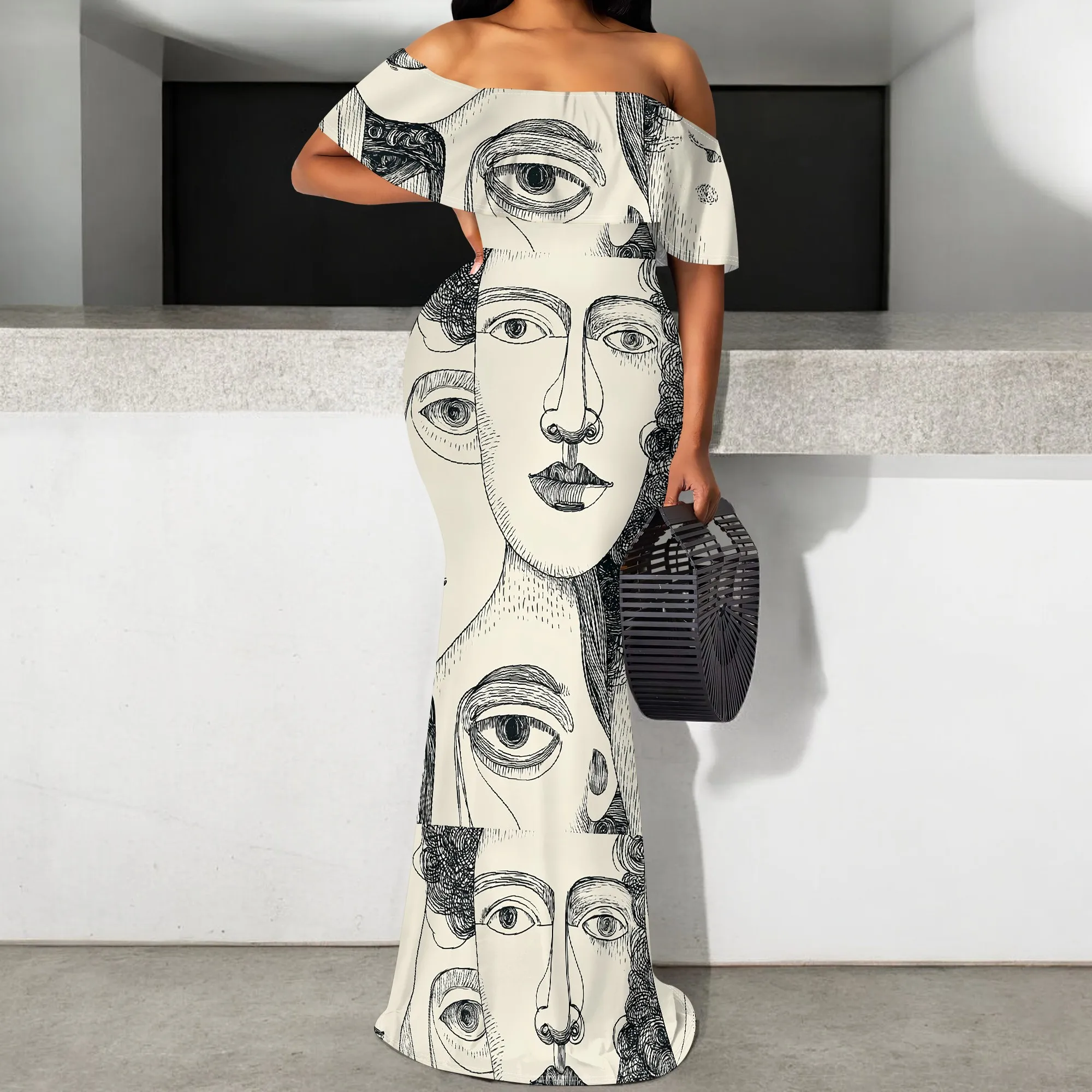 

Women's Off Shoulder Maxi Dress Hand Drawn Face Print Black White Bodycon Formal Evening Party Gown S-3XL