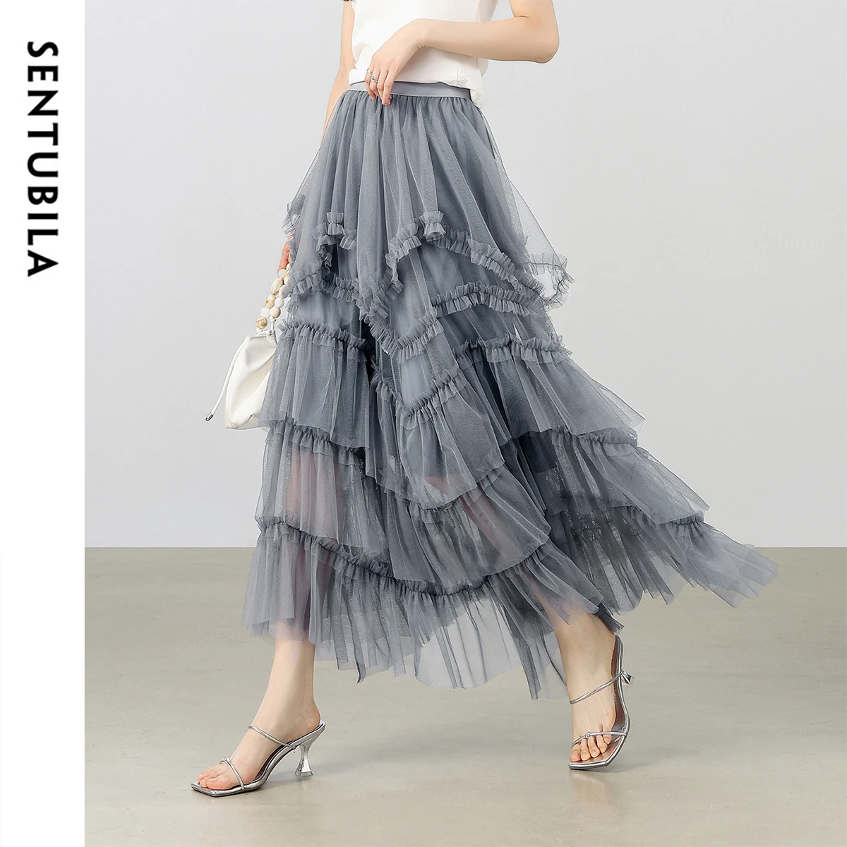 

SENTUBILA Woman Tiered Long Skirt Summer 2025 Sweet High Waist A Line Skirt Elegant Party Mesh Gray Skirt Women clothesW52QE2525