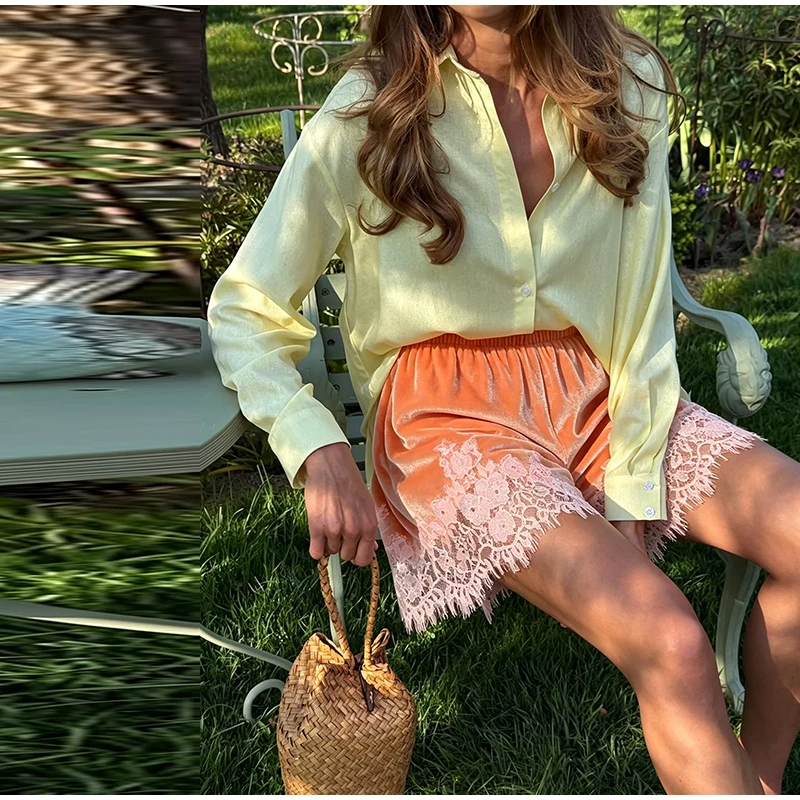 High Street Mint Green Velvet Shorts With Patchwork Lace Trim Paneled Elastic Waist Trousers Women Chic Edgy 2026 Summer Outfits
