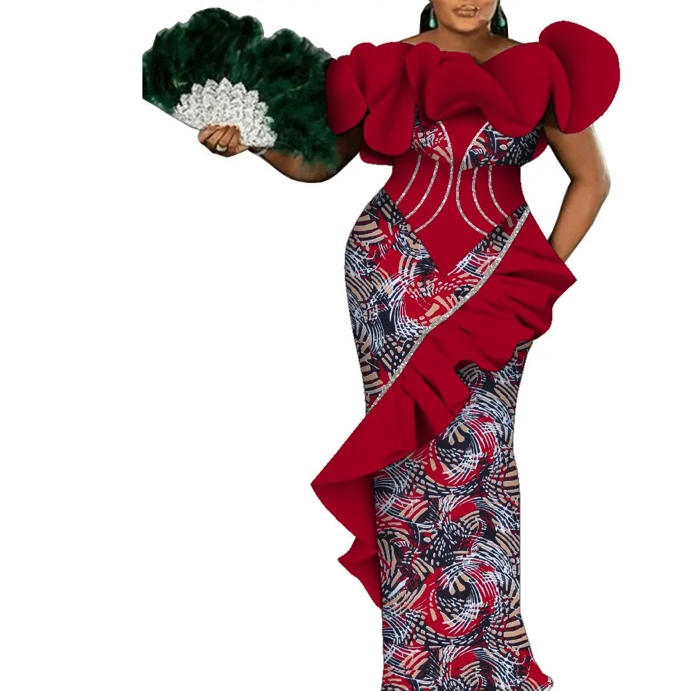 African Ankara Style Dresses for Women Sleeveless Flower Neck Dresses Party Wedding Long Dashiki Women Dress Custom Made Wy9785
