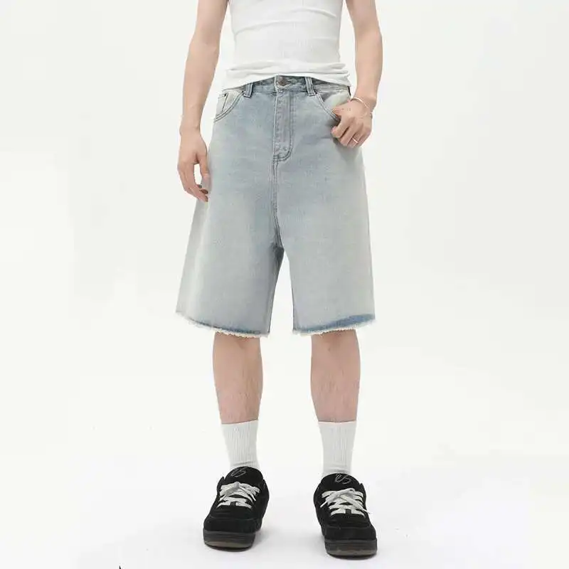 

Men's Denim Simple Shorts Raw Edge Solid Color Washing Bottom Korean Style Straight Loose Wide Leg Male Jeans New 0I0X