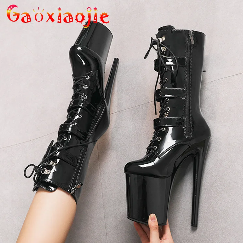 Nightclub Platform Women's Shoes 8 Inch Pole Dancing Pumps 20CM Thin High Heels Mid Tube Boots Design Buckle Sexy Stripper Show