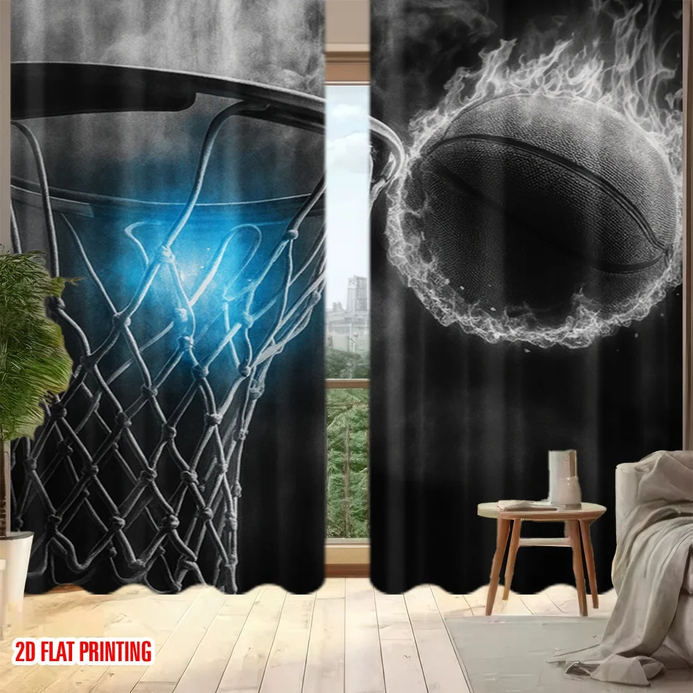 2D flat printing 2pcs Drapes Fiery Basketball Dunk Digital Printed Polyester Drapes Festive Curtains Use for Indoor Outdoor Use