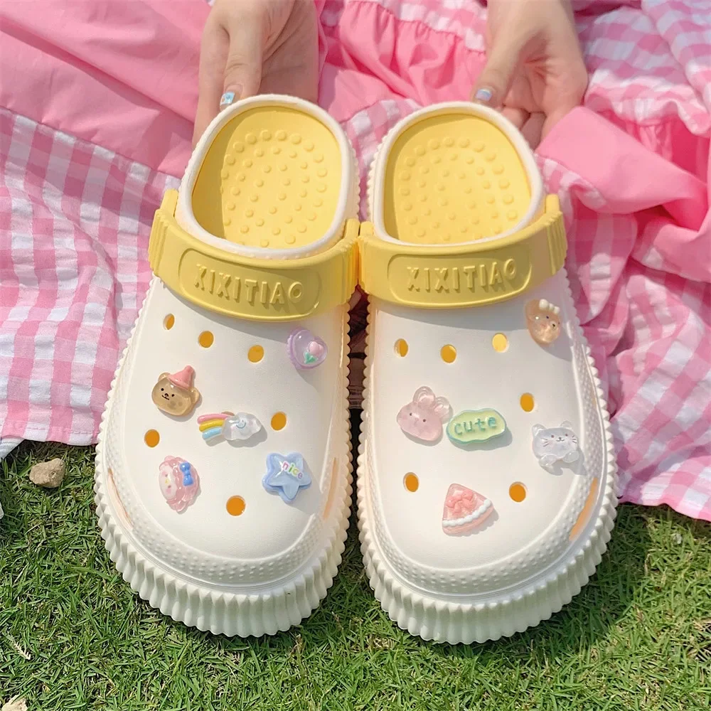 Summer New EVA Thick Sole Perforated Shoes Women Wearing Elevated Soft Sole DIY Love Solid Color Two Wear Home Slippers