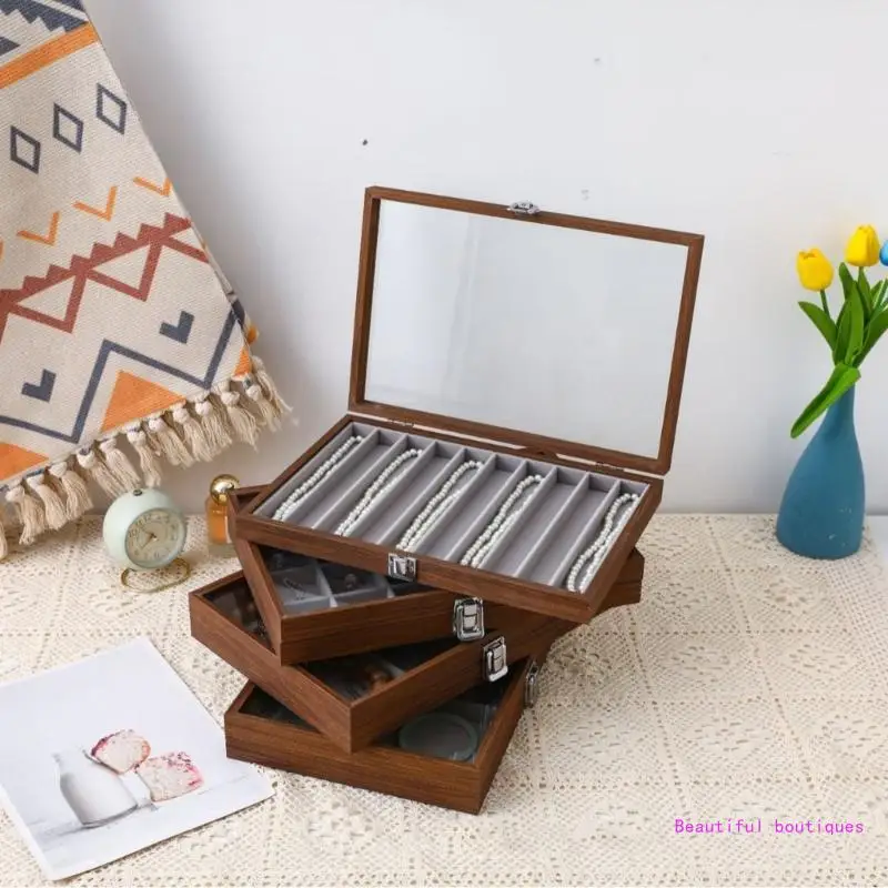 Multipurpose Jewelry Organizers Box Wood Earring Organizers Box with Multi Slots and Clear Lid for Accessory Display DropShip