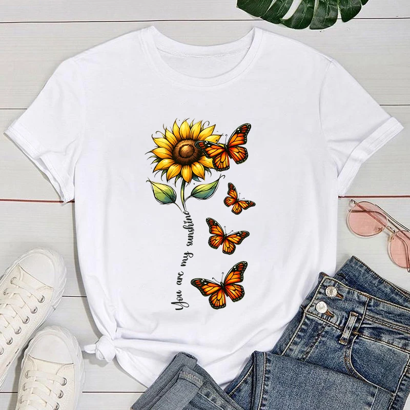 

sunflower T shirt Sunflowers Butterfly Print T-Shirts For Women Summer Short Sleeve Round Neck Cute Loose T-Shirt