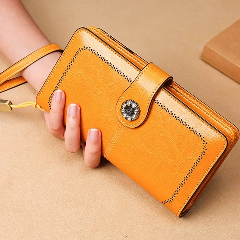 

RFID Women's Leather Retro Zipper Long Clutch 24 Card Slots Wallet Bifold Large Capacity Long Card Holder Organizer Ladies Purse