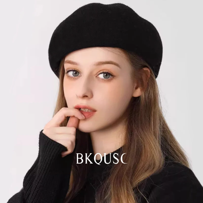 BKQUSC French Artist Beret 55-60cm Winter Solid Color Woolen Painter Hat Warm Walking Cap for Women Girls Concise Lady Style