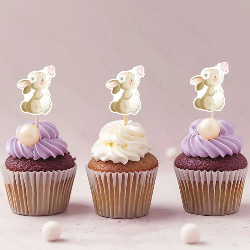 13Pcs Kwiatowy króliczek do dekoracji tortów Królik z kwiatowymi nakładkami na babeczki Dziewczynki Pierwsze urodziny Dekoracja tortu Baby Shower Decor