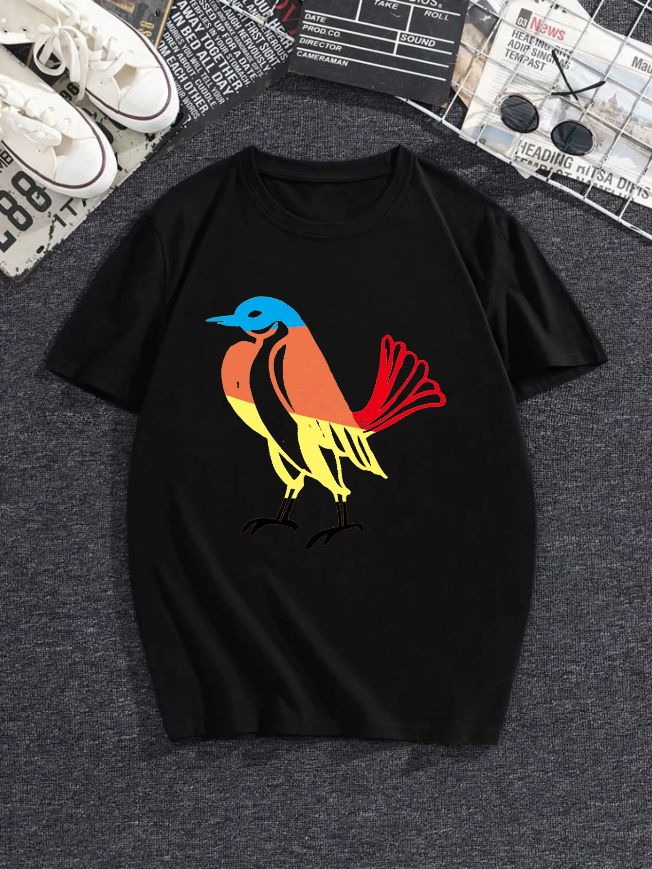 

Women's T-shirts Chinese style shirts & blouses Gym t-shirt y2k tops Casual 100% cotton Colorful Bird On Black printed tee fo