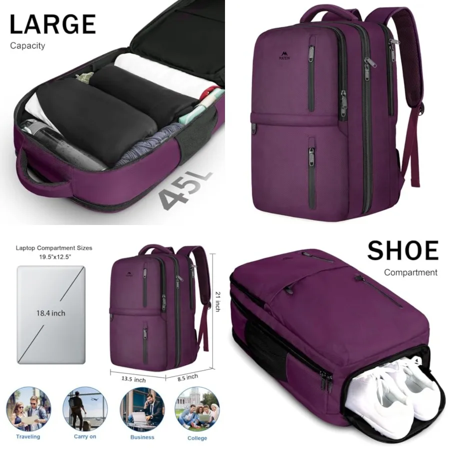 

45L Travel Backpack for Women, Airline Approved Carry on Backpack with Shoe Compartment, Water Resistant Luggage College Overni