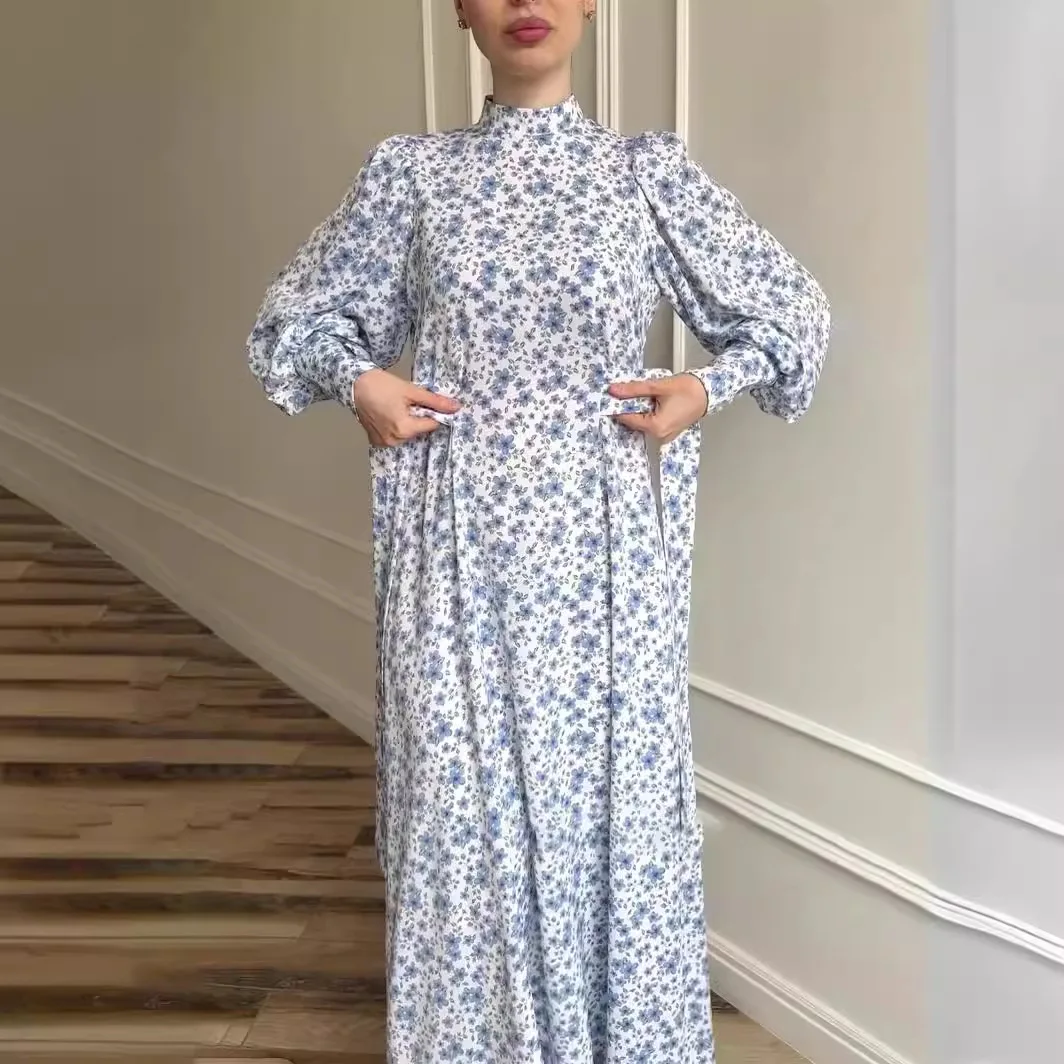 Print Satin Dress for Women Loose Lace-up Islamic Clothing A-line Long Dress Spring Dubai Abaya Turkey Arabic Muslim Dress Women