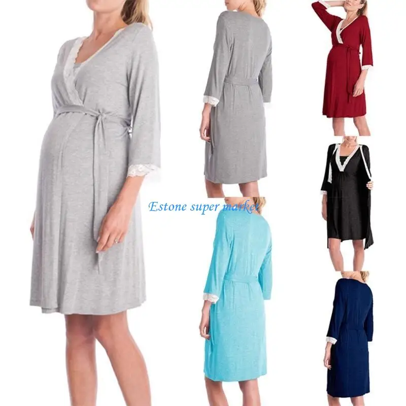 

090B Nightgown Nursing for Pregnant Women Cotton Maternity Robe with Adjustable Belt Pajama Dress Pregnancy Clothes