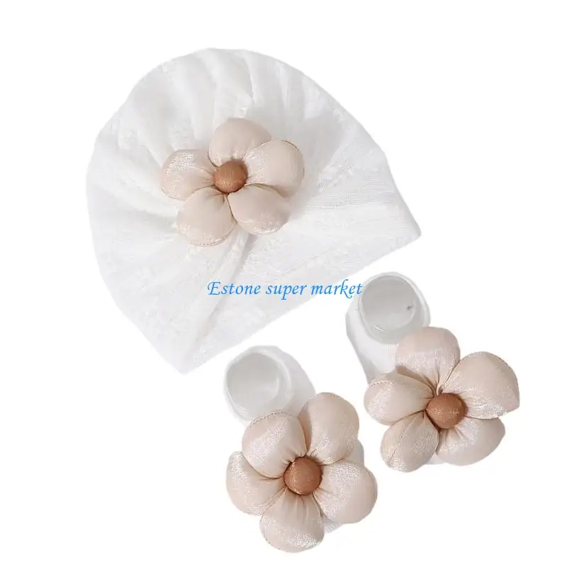 

090B Baby Girls Turban Hat with Flower Accent, Newborns Bonnet 0-12 Month Infant Hospital Caps with Socks Toddler Shower Gift