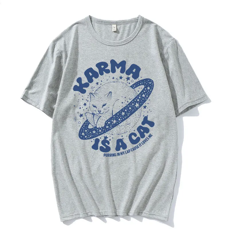 Karma Is A Cat Lover Kawaii Funny Meme T Shirt Men Women Vintage Style Short Sleeve Tshirt Oversized Cotton O-Neck T-shirt Tops