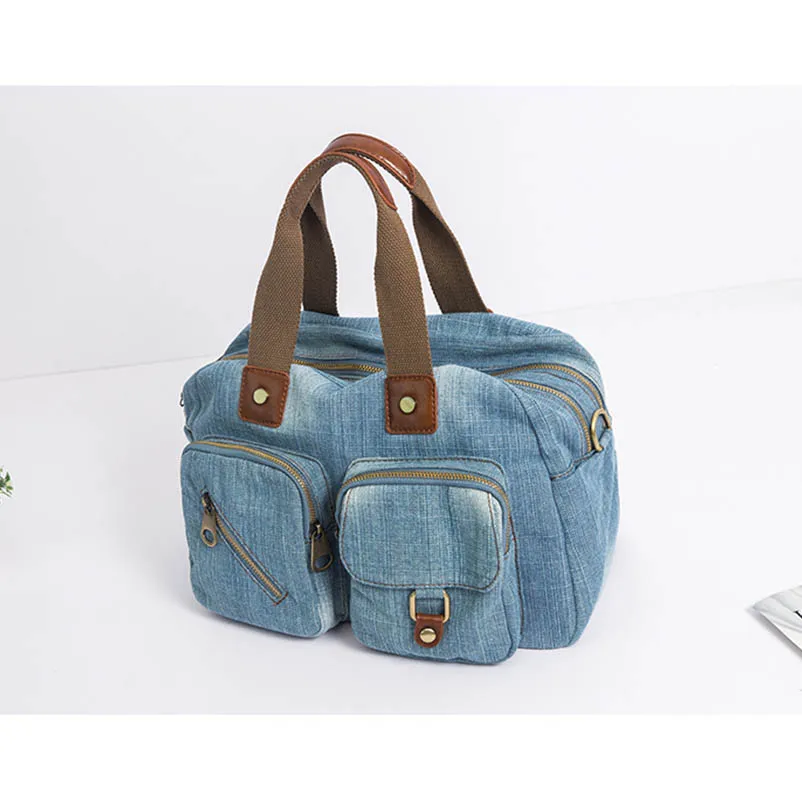 

Denim Retro Unisex Large Capacity Multiple Pockets Blue Handbag Shoulder Messenger Crossbody Bags Jean Female Purse