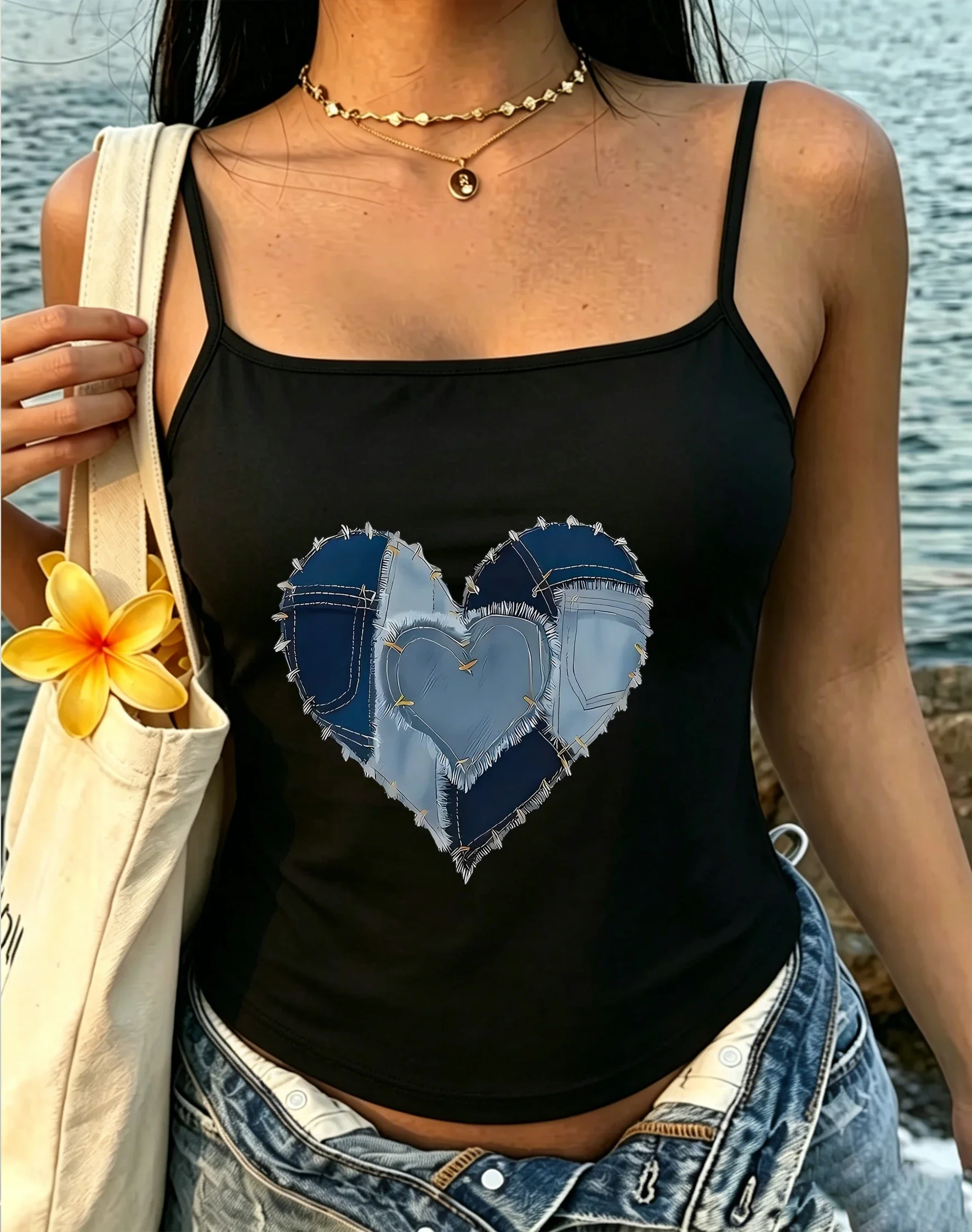 Trendy Patchwork Heart Graphic Cami Top Cute Frayed Ribbon Camisole Spaghetti Strap Sleeveless Summer Tank for Women 2026