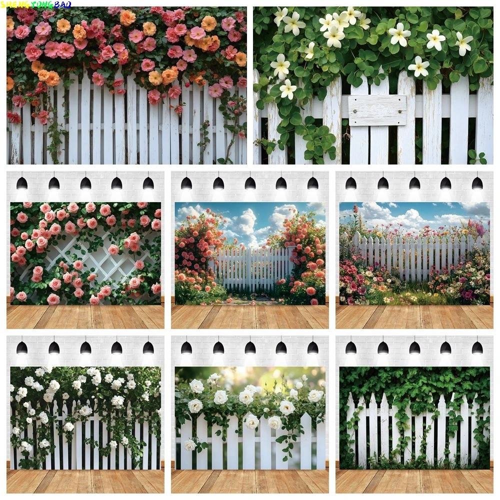 Spring Garden Fence Backdrop Flowers Green Plants Nature Scenery Birthday Party Wedding Decor Photography Background Photostudio