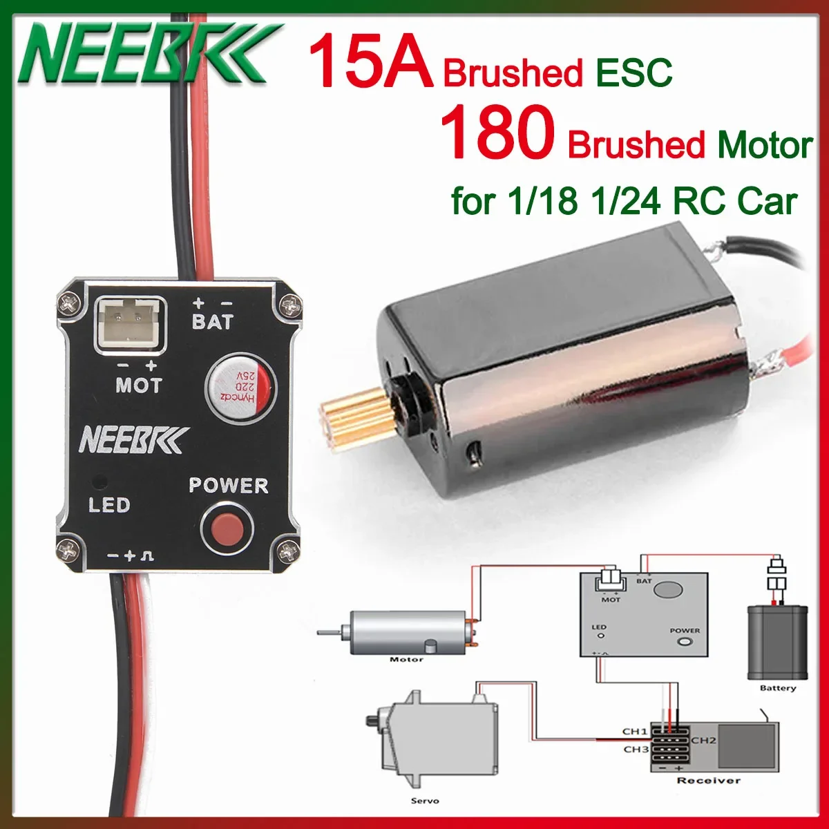 NEEBRC 180 50T Brushed Motor 15A Metal ESC 2S 5V/1A BEC for 1/18/ 1/24 SCX24 TRX4M FMS RC Car Crawler Drift Upgrade Accessories