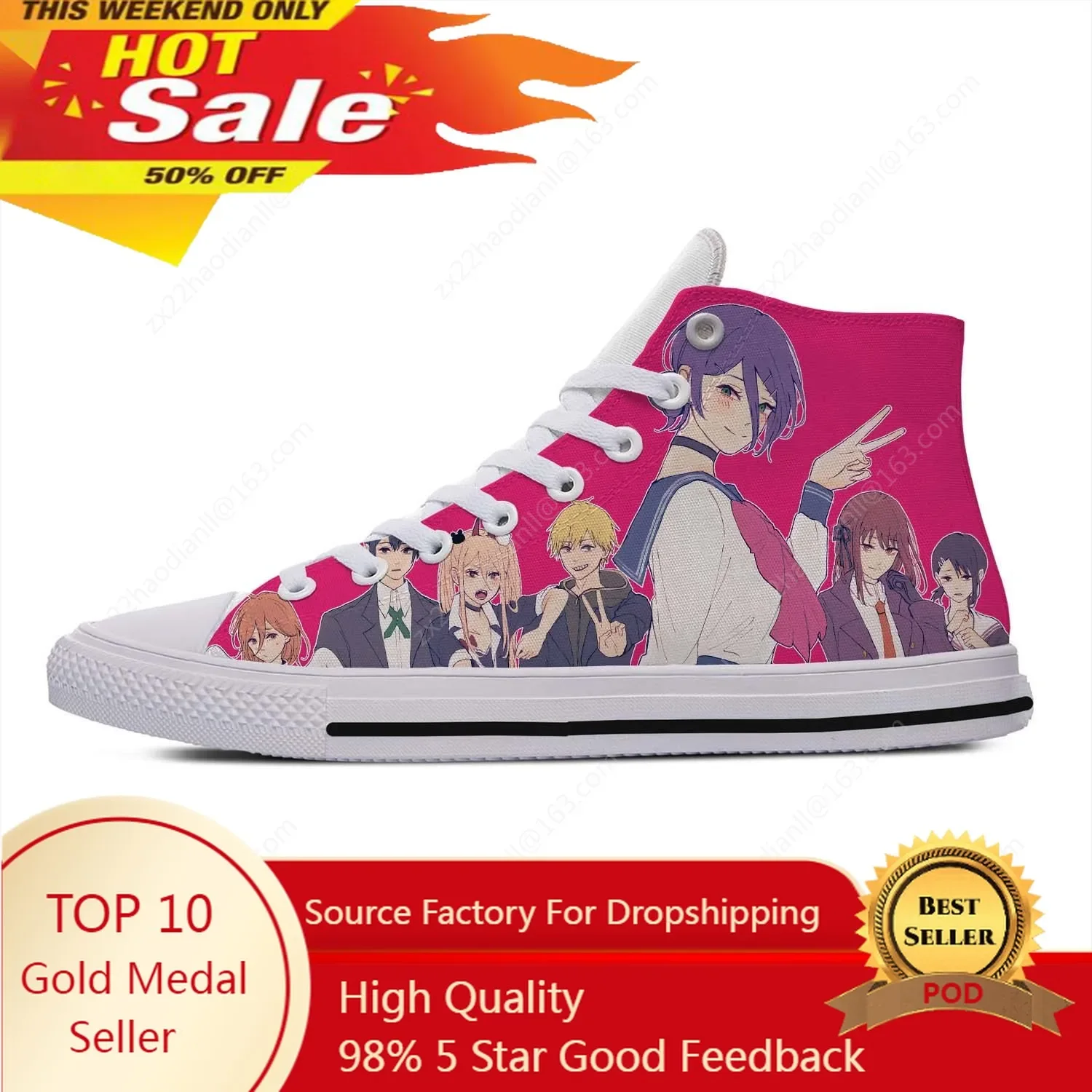 Hot Anime Chainsaw Man High Top Sneakers Men Women Teenager Fashion Casual Shoes Canvas Running Shoes 3D Print Lightweight shoe