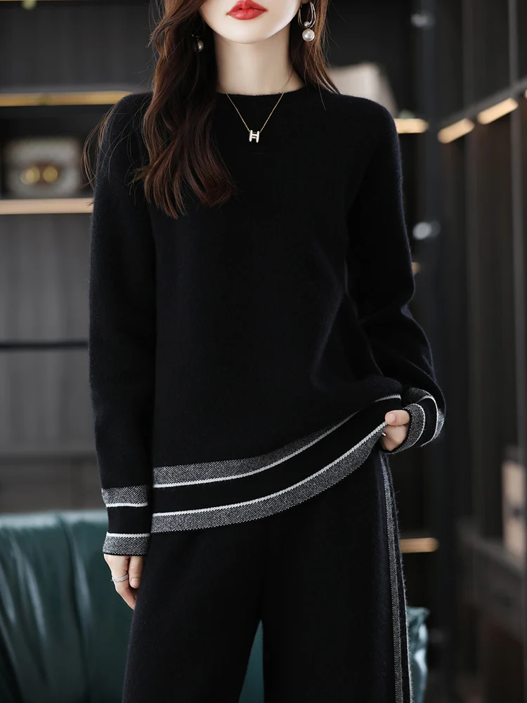 Autumn New 100% Pure Wool Sweater Set Two Piece Loose Knitted Luxury High end Wool Sweater Pants [No Returns Supported]