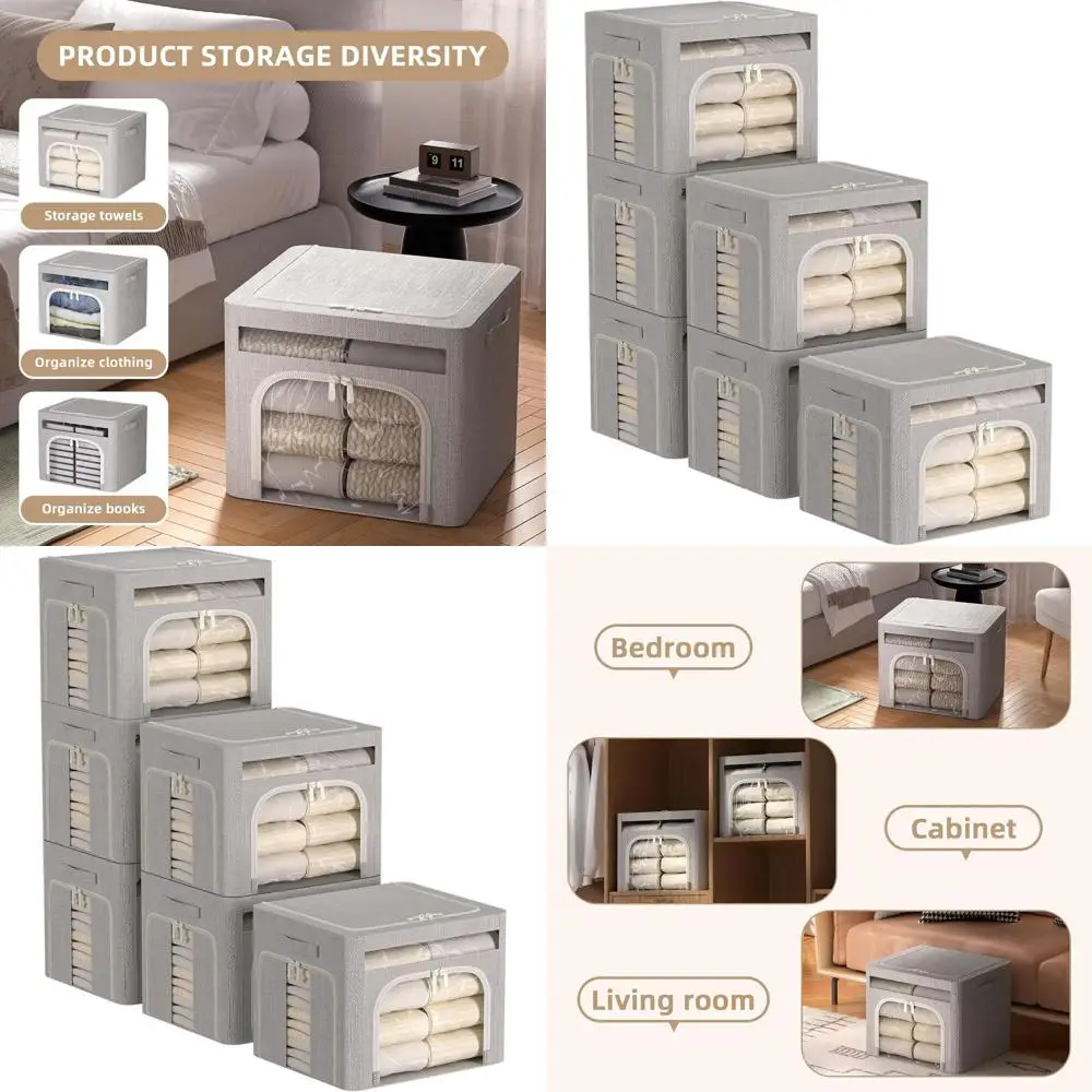 

Складные контейнеры для хранения с металлическим каркасом, штабелируемые коробки с крышкой, светло-серые, 19.7x15.7x13.8 дюймов (70 л)