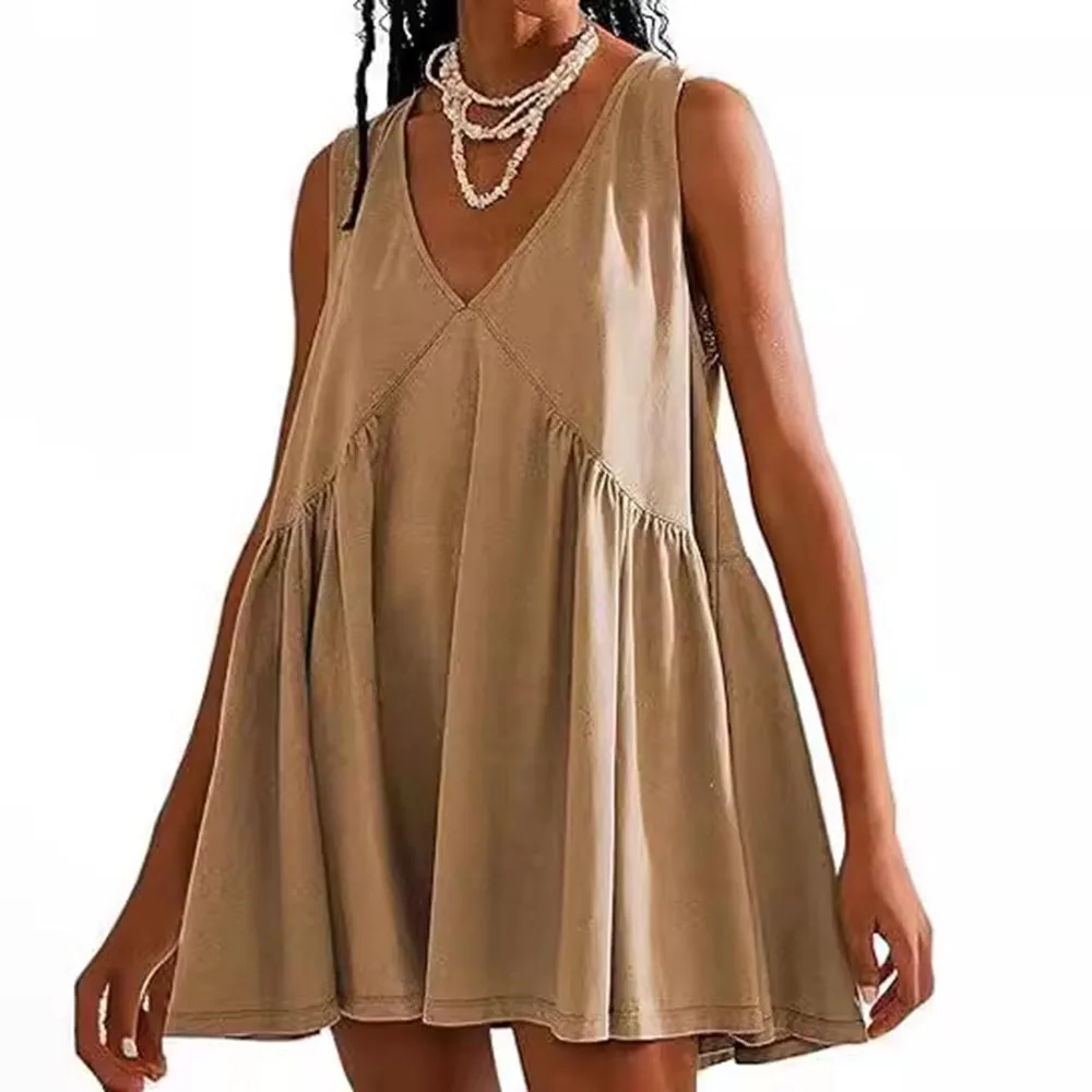 2025 Amazon Shein V-neck sleeveless pleated vest pocket dress for women's clothing