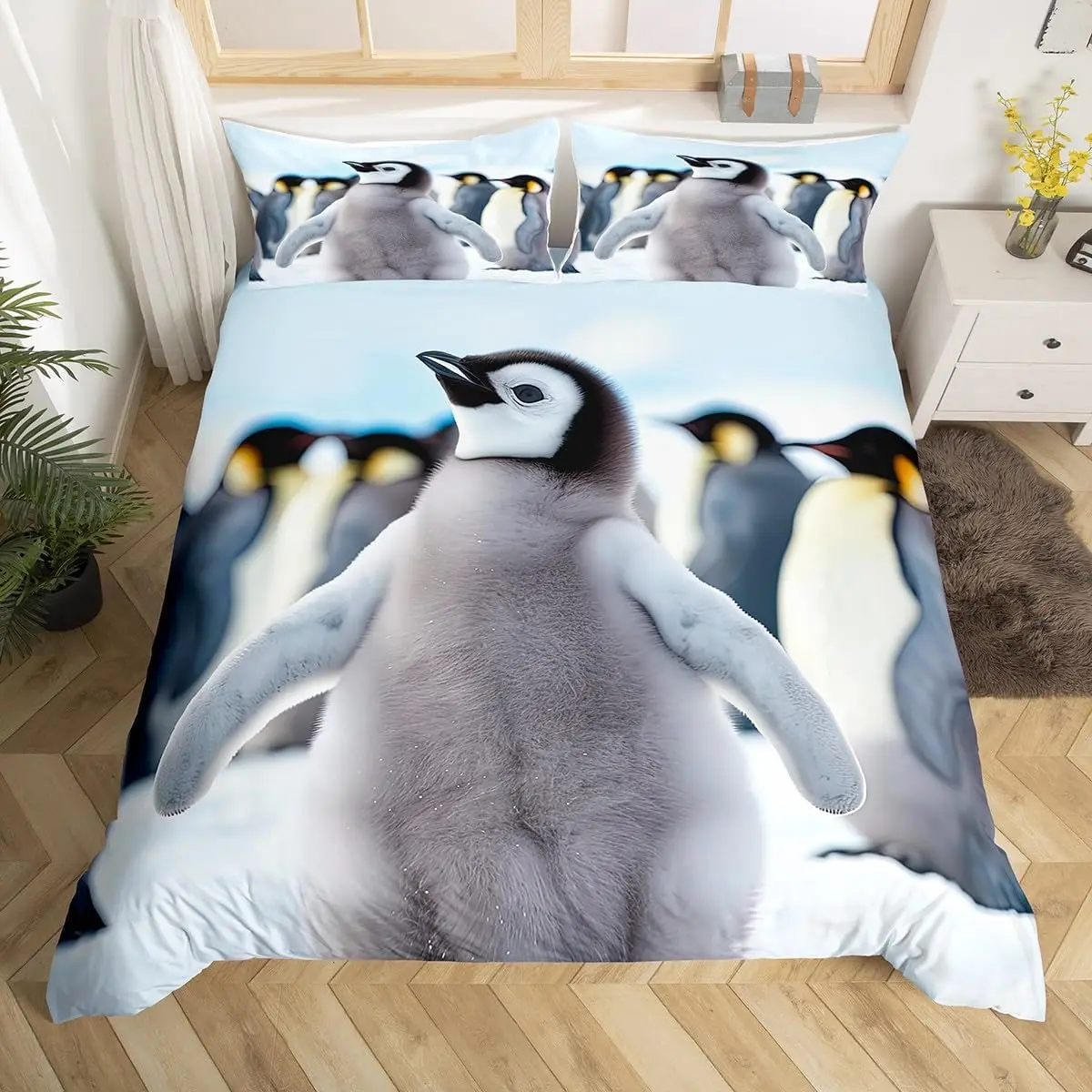 Cartoon Penguin Duvet Cover Single Twin Queen King Size Wild Animal Comforter Cover Kawaii Winter Wildlife Penguin Bedding Set