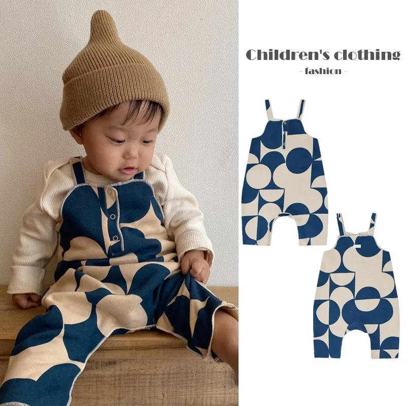 2024 New Baby Overalls Fashion Geometric Printed Children's Girl Jumpsuit Winter Baby Boys' Pants Casual Children's Clothing