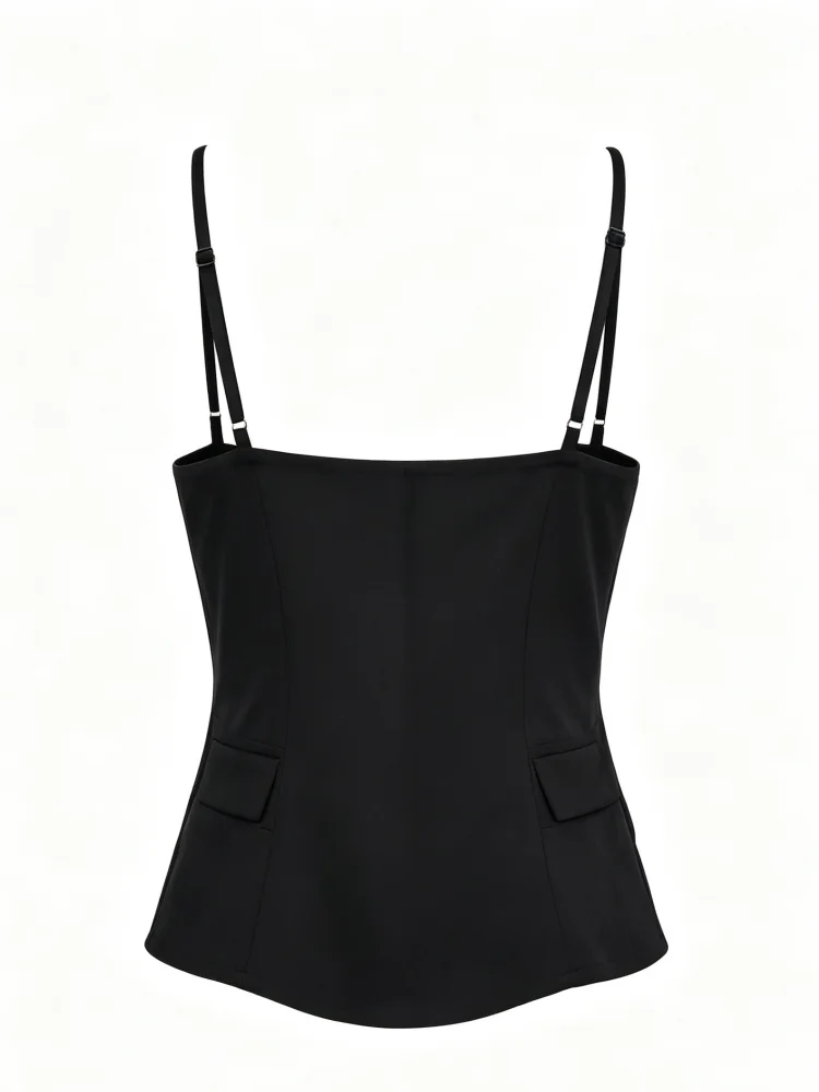 Cami-Top für Damen, asymmetrisch, mit Knopfleiste vorne, Spaghettiträgern, Peplum-Schnitt, schmal geschnitten, schwarz, elegant, für Partys, ärmelloses Oberteil. – Detail 6