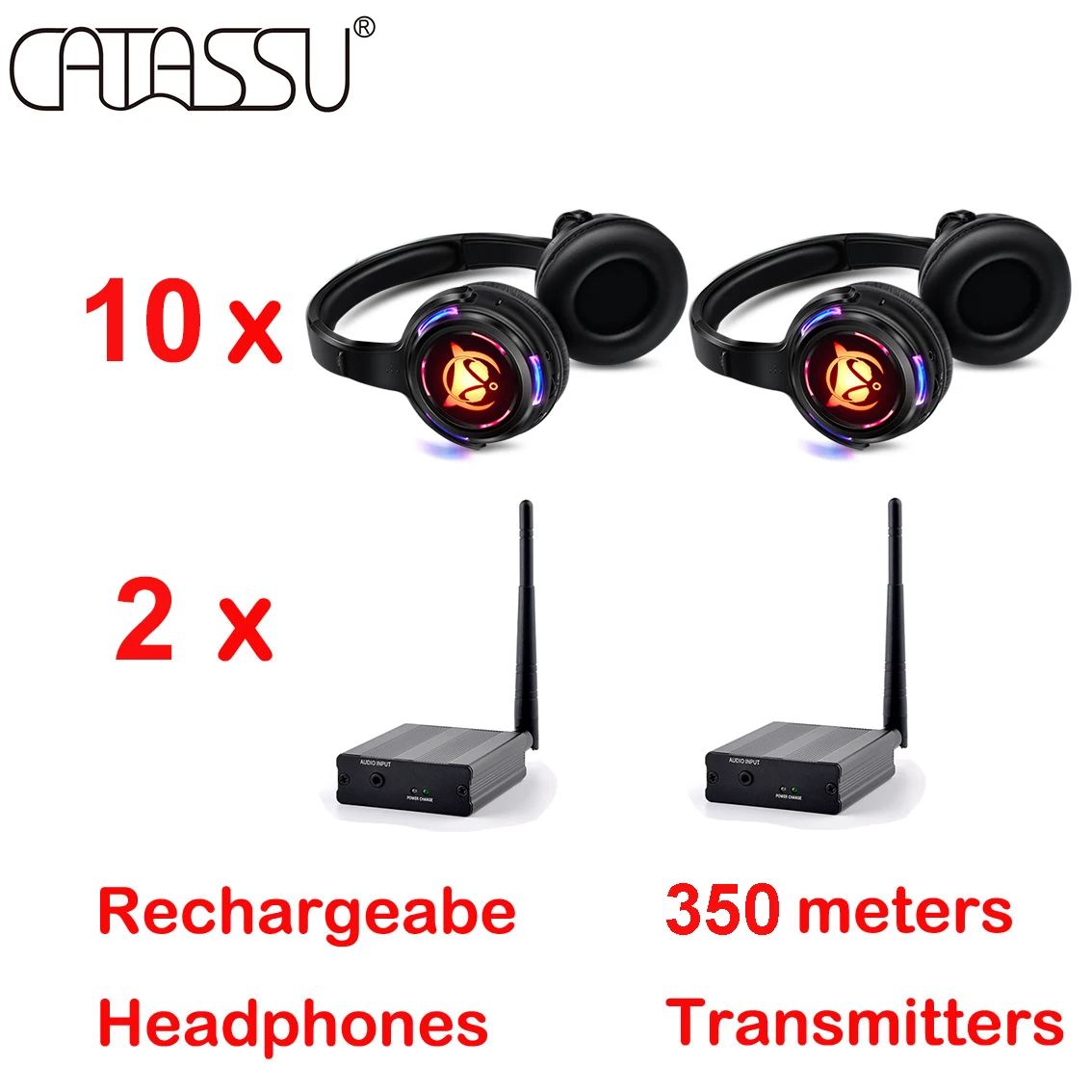 

Rechargeable Silent Disco LED Wireless Headphones With Light LOGO Bundle with 10pcs Headsets 2 Transmitters 500m Range