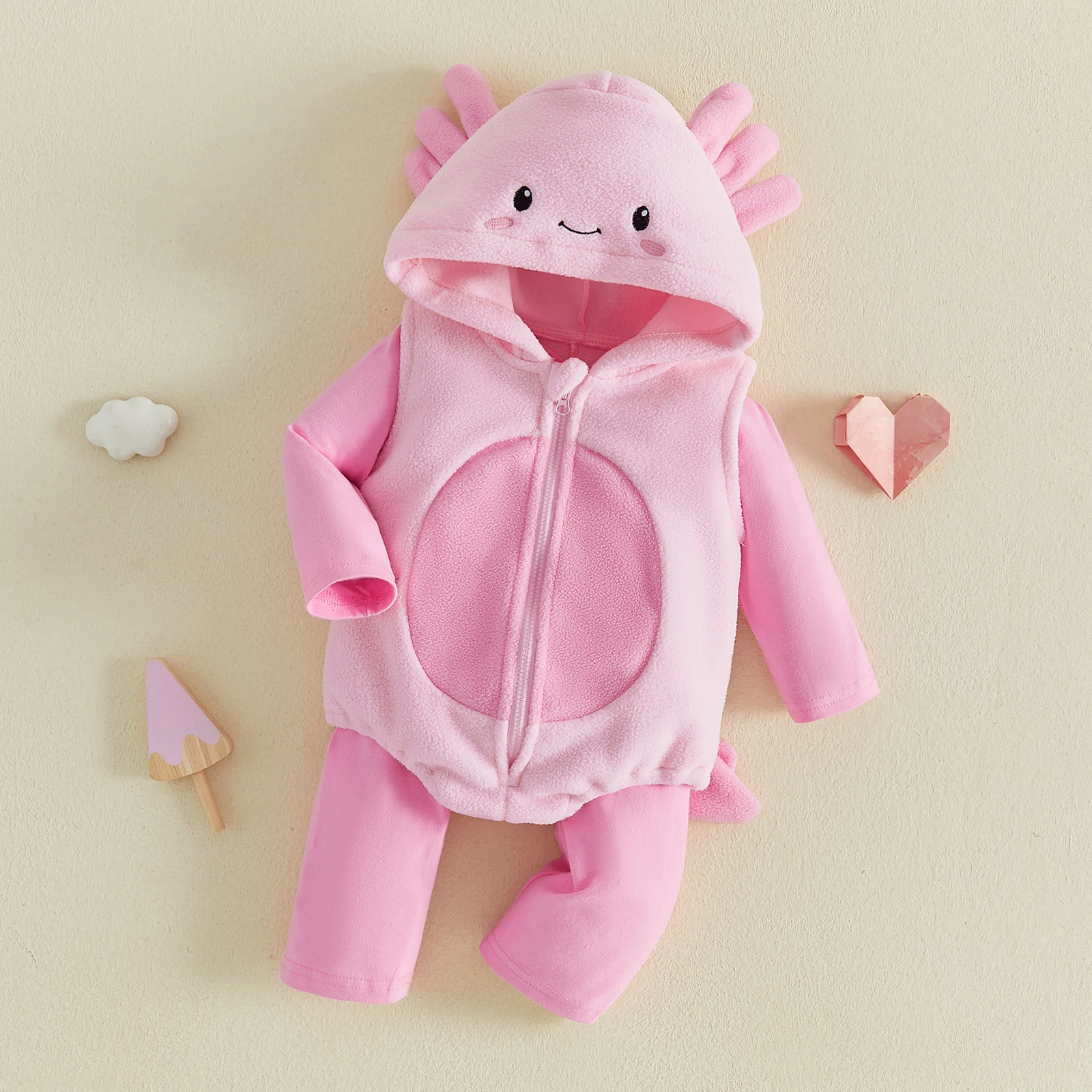 0-18M Newborn Baby Girl 3pcs Clothes Sets Pink Solid Color Long Sleeve Tops + Long Pants + Fleece Dinosaur Romper Funny Outfits
