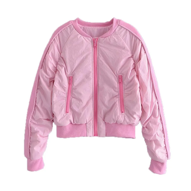 

Women’s Winter Bright Pink Soft Fabric Short Baseball Collar Cotton Puffer Jacket Zipper Pockets Zip Front Closure