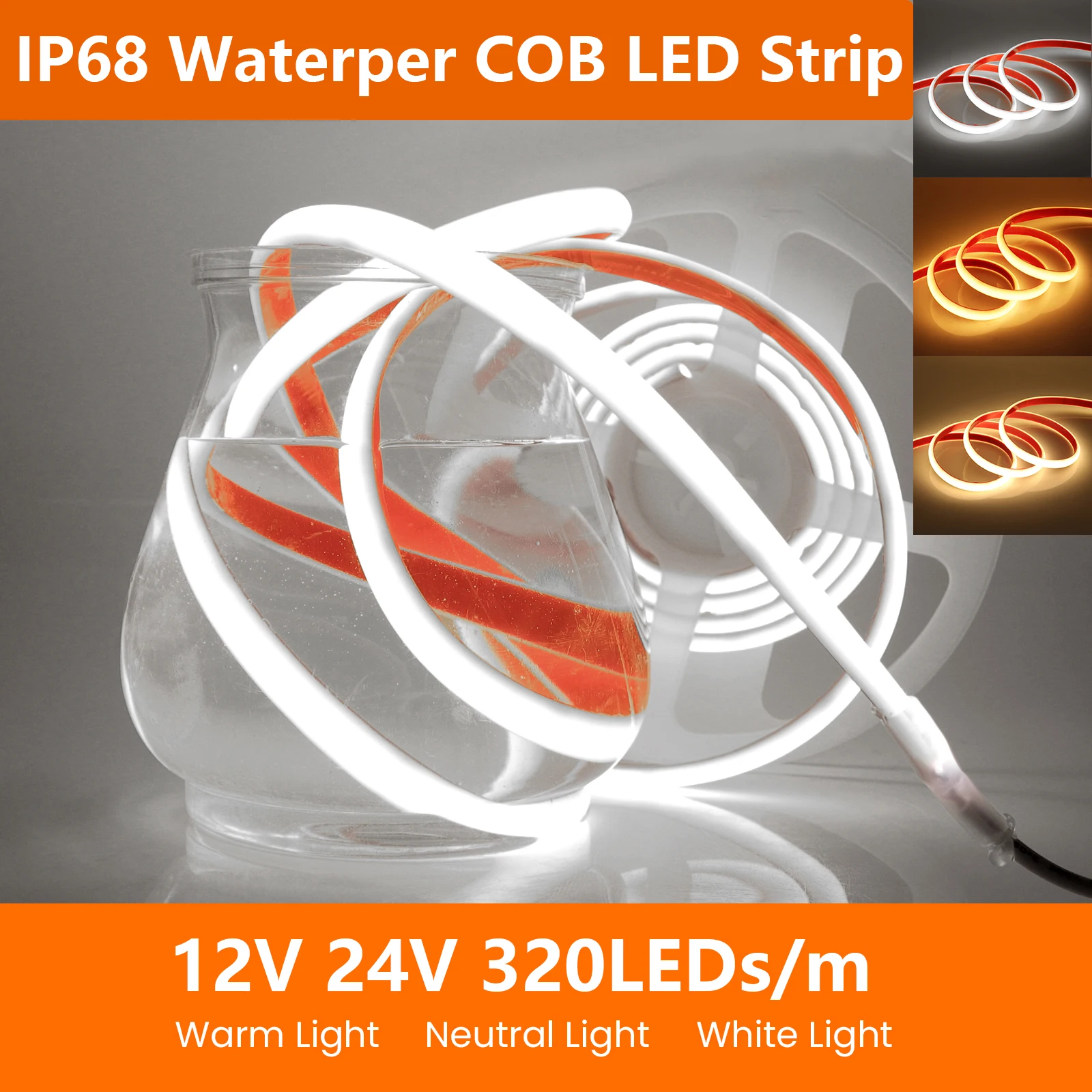 

Водонепроницаемая светодиодная лента IP68 COB 12 В, 24 В, 320 светодиодов/м, гибкая светодиодная лента высокой плотности COB, светодиодная лампа для подводного бассейна