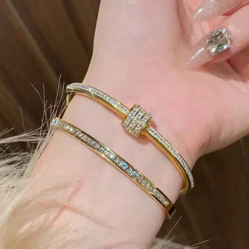 Titanium Steel Gold Silver Color Bangles for Women Girls Trend Waterproof Jewelry Luxury Sparkling Zircon Bracelet Bangle - Image 5