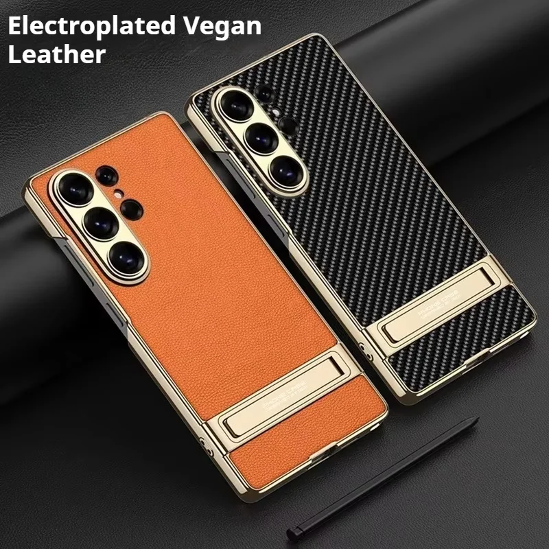 PU Leather Skin Plating Kickstand Hard Phone Case for Samsung Galaxy S26 S25 Ultra Protective Cover with Stand