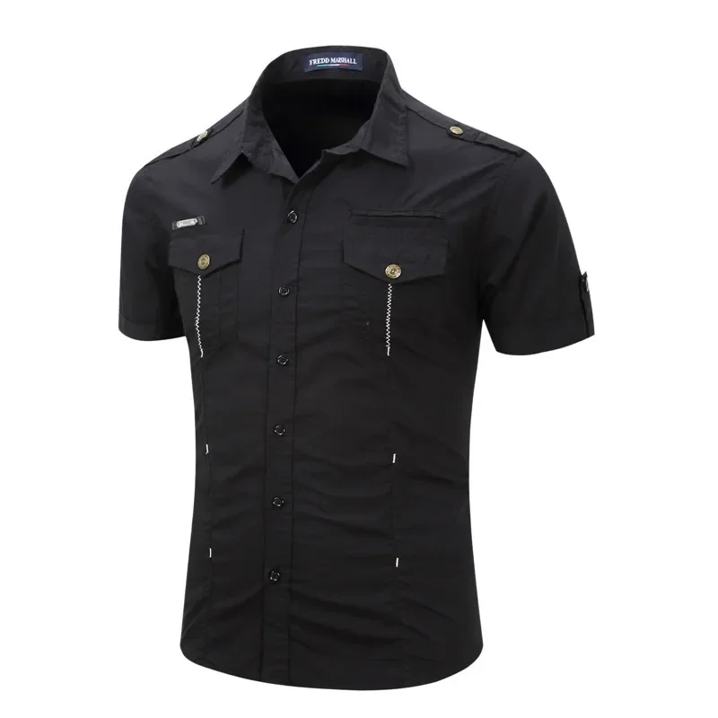 2023 New Mens Military Shirt Men Short Sleeve Cargo Shirts 100% Cotton Casual Solid Shirt Male Pocket Work Shirt