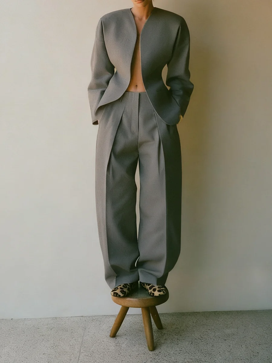 TWOTWINSTYLE موضة قطعتين مجموعات للنساء الخامس الرقبة طويلة الأكمام تونك السترة عالية الخصر واسعة الساق بانت مزاجه مجموعة الإناث