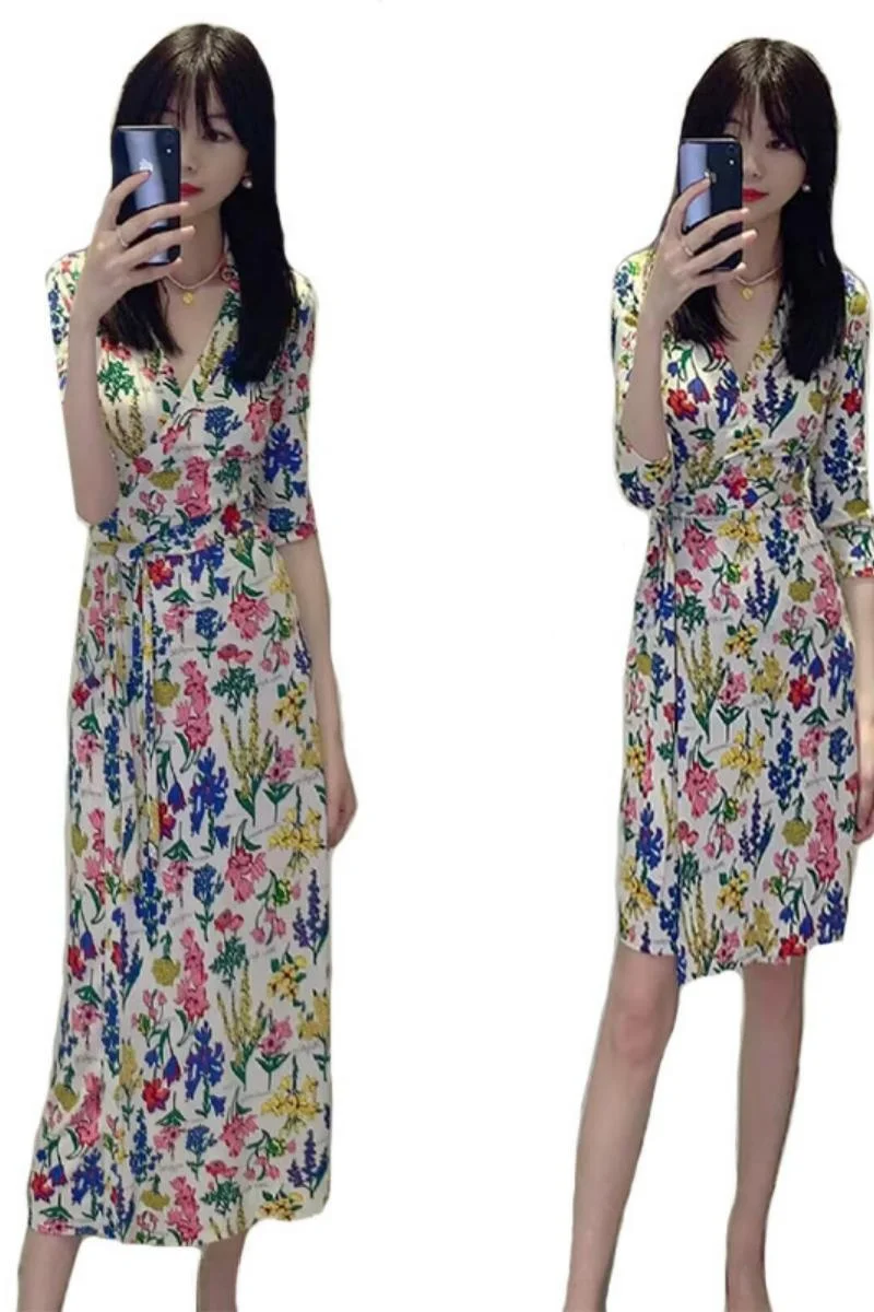 달콤한 여름 플로럴 프린트 드레스, 신축성 있고 피부 친화적인 원피스, 허리 조절 벨트, 바디콘, 미디 기장 A라인 스커트