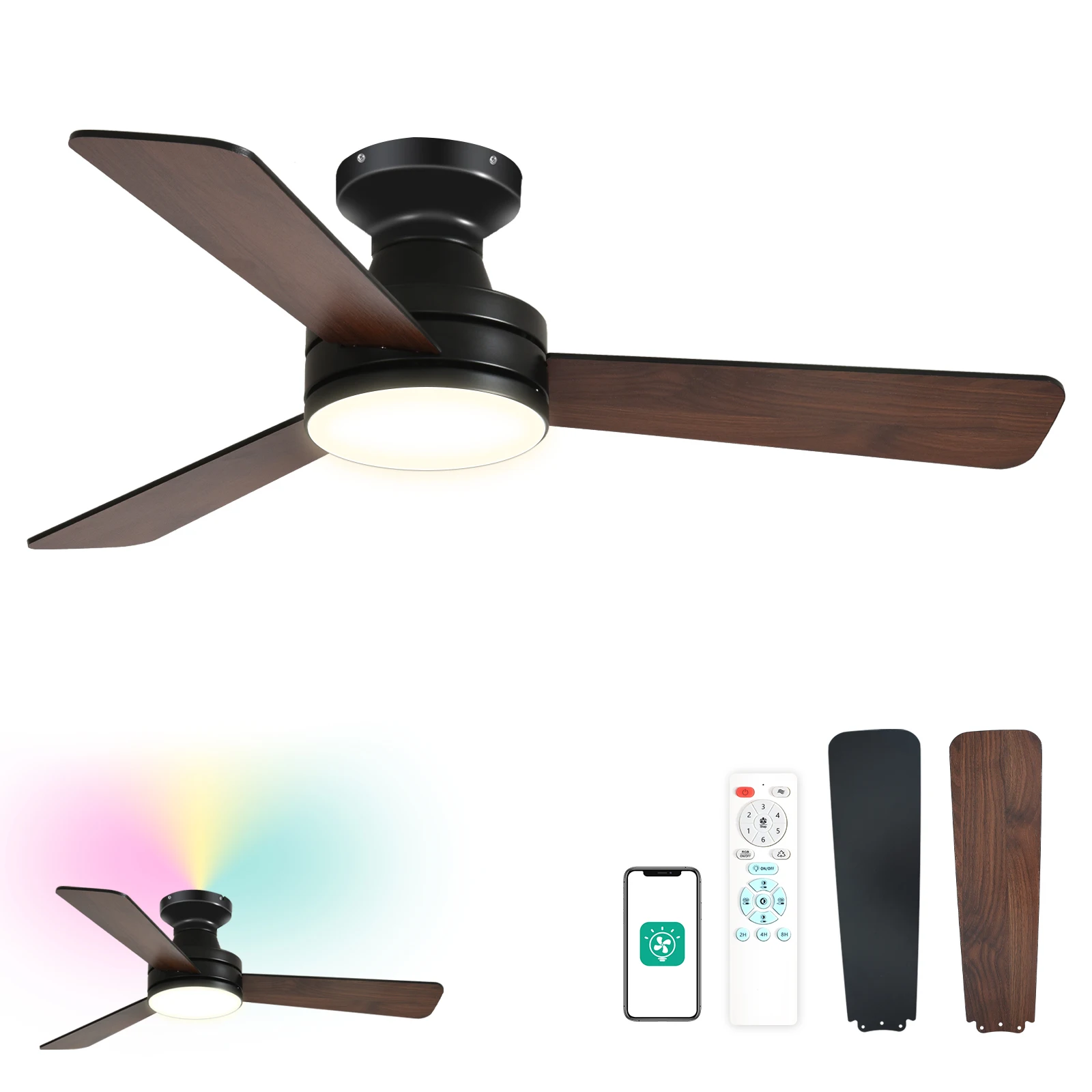 Ceiling Fans with Lights 42 Inch, Low Profile Flush Mount Ceiling Fan, RGB Backlight & Dimmable Lighting, Remote & App Control, 6 Speeds, 3 Reversible Blades, Black